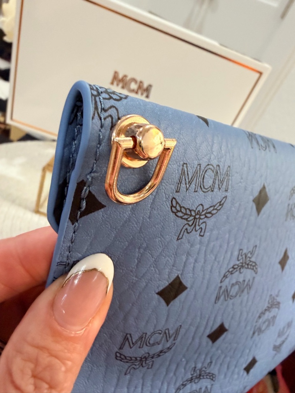 MCM Blue Monogram Clutch Crossbody (Novelty) + Heart extender and Keychain - NIB - Picture 5 of 10